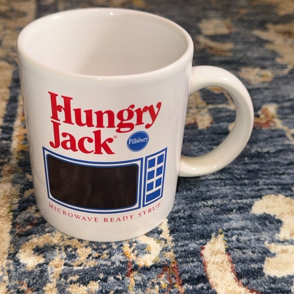 HUNGRY JACK Pillsbury MICROWAVE READY SYRUP Ceramic Red/Blue Coffee/Tea Mug Cup